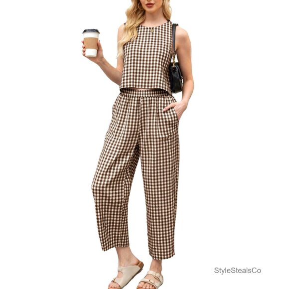 Linen Blend Wide Leg Pant Set Sleeveless Crop Top Lounge Travel Outfit